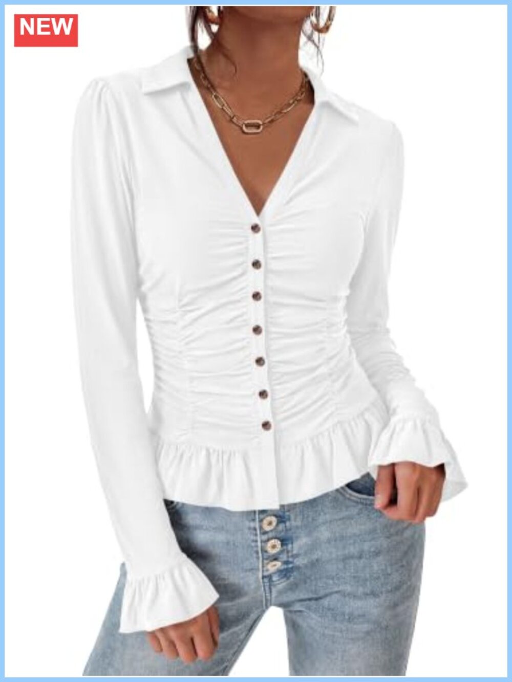 Fitted Button Down Shirt Long Sleeve Ruched Blouse for Women